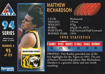 1994 Dynamic AFLPA #95 Matthew Richardson Back